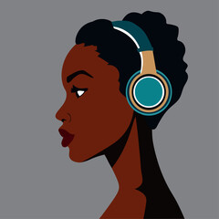 Vector flat illustration, profile view of a young African woman with dark skin and refined features, listening to music on headphones.  
