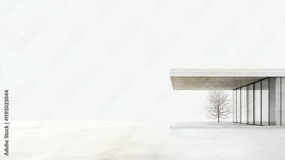 Poster a minimalist architectural scene featuring a structure and a solitary tree against a white backgroun