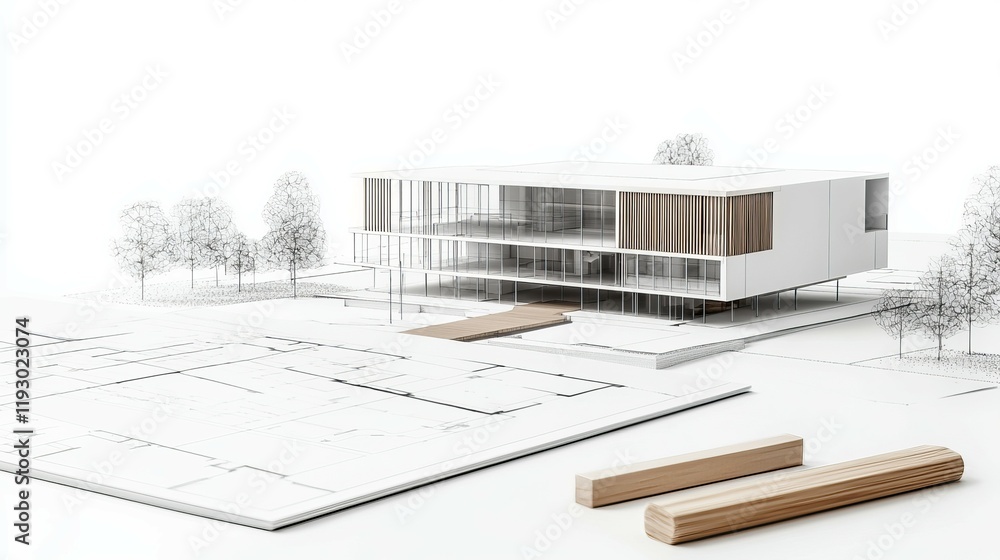 Poster modern architectural design with a building model and plans.