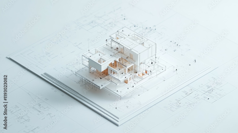 Poster a 3d architectural model on blueprints, showcasing modern design and spatial planning.