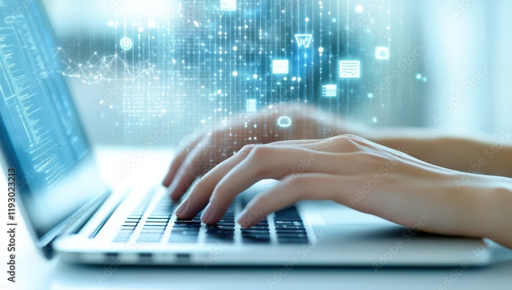 Poster hands typing on a laptop with digital data visualization and technology concepts, representing innov