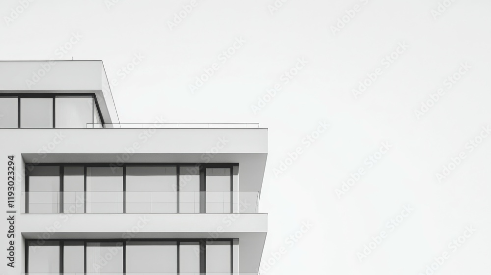 Poster modern architectural building with minimalistic design and large glass windows.