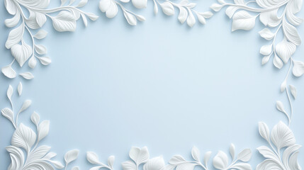 Fototapeta premium White floral rococo ornaments framing a pastel blue background with copy space