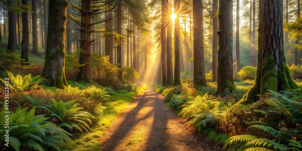 Poster sunlit path through a mystical forest of tall trees and lush greenery