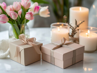 Gift boxes with ribbons and tulip flowers cozy home setting decorative arrangement soft lighting serene atmosphere for celebrations