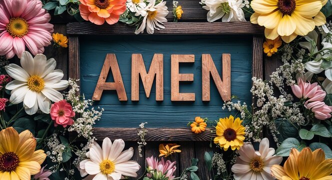amen text lettering on wooden sign board with flowers background
