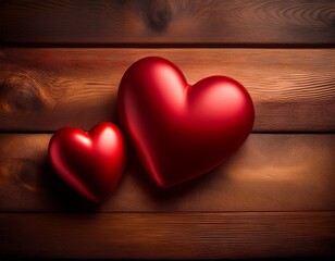 Fototapeta premium Valentine's Day backdrop with two red hearts on a wooden surface.