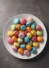 A plate of colorful macaroon cookies arranged in a random pattern on the kitchen table , randomness, colorful, treat