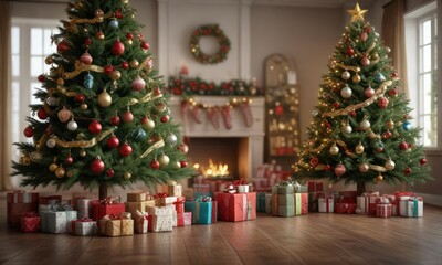 A Christmas tree with beautifully wrapped presents and ornaments, wrapping paper, christmas tree