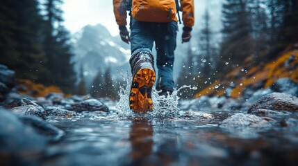 Hiker crossing a rocky stream, splashing water, adventure.