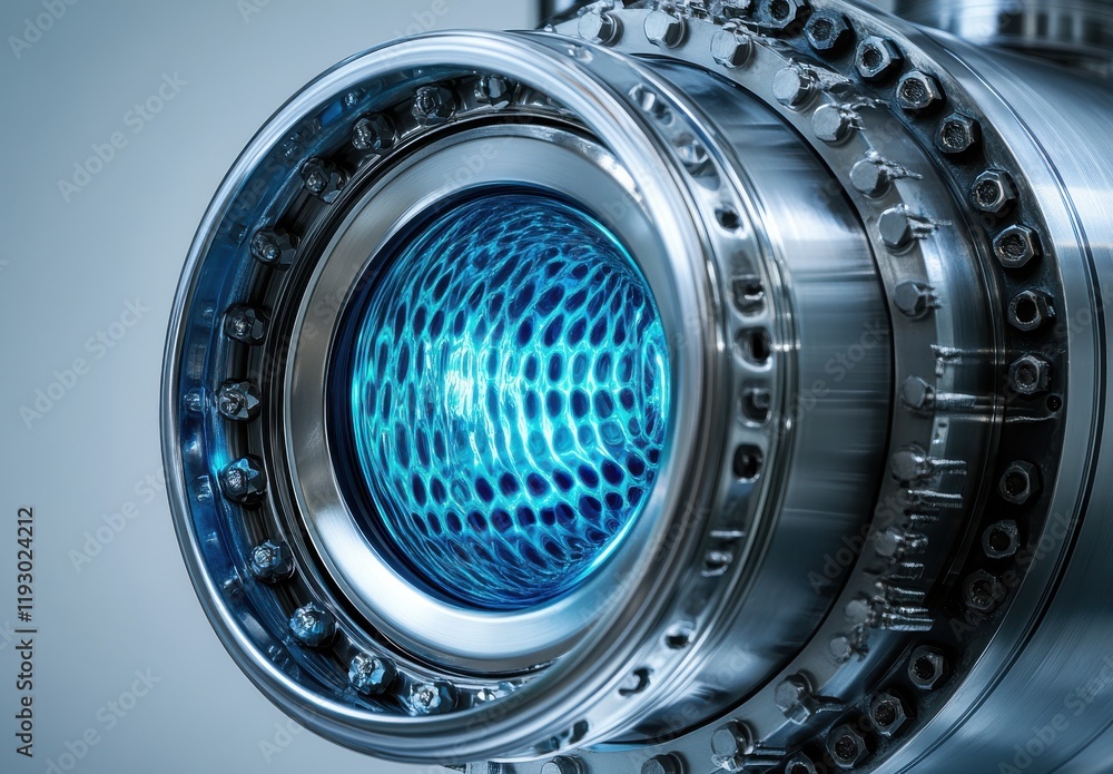 Poster high-detail close-up of a futuristic industrial tube with a blue honeycomb pattern, advanced technol