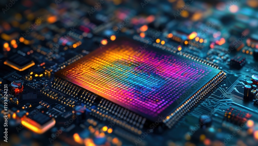 Poster high-resolution close-up of a colorful microchip on a circuit board with vibrant lights and details,