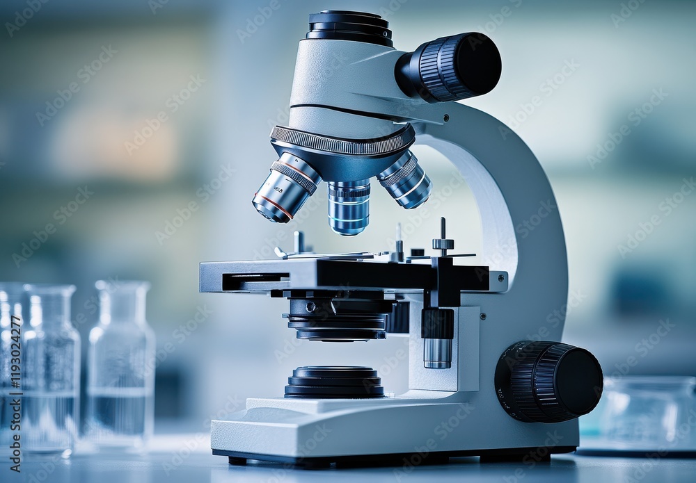 Poster high-resolution laboratory microscope in a modern research setting with clear focus on optical detai