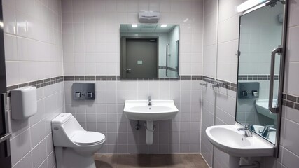 A clean and well-maintained public restroom with a single washstand and mirror in front of it, maintenance, functional, modern