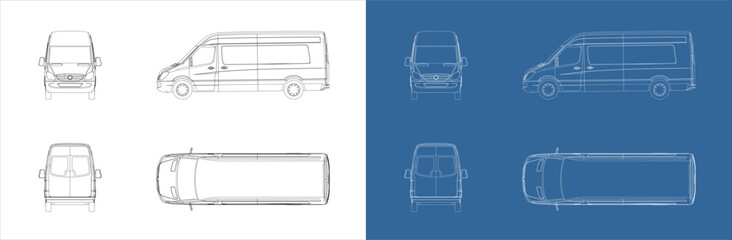 delivery van vector all side view line art draw blueprint wireframe on isolated on transparent background
