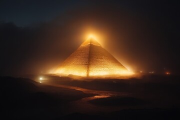 The pyramid bathed in golden light during a special evening illumination event, highlighting its intricate details
