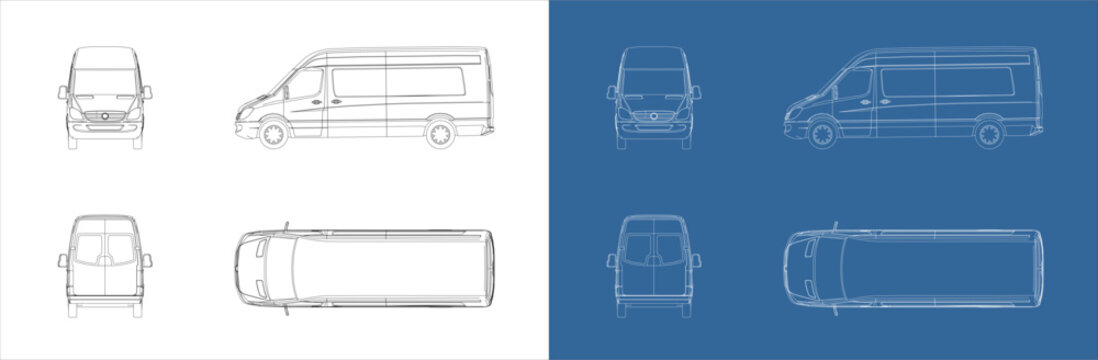 delivery van vector all side view line art draw blueprint wireframe on isolated on transparent background