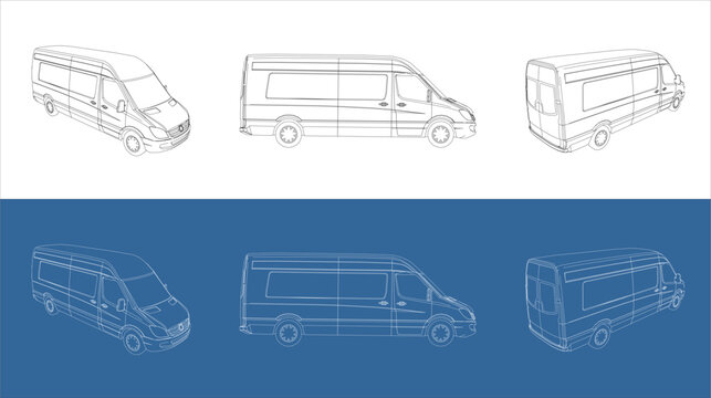 vector delivery van side view line art draw blueprint wireframe on isolated on transparent background
