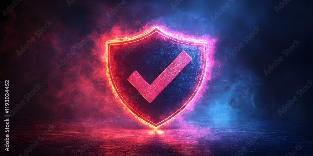 Poster abstract shield icon with a checkmark, symbolizing resilience and success.