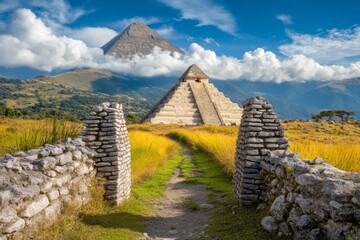 The pyramid framed by a blue sky with puffy clouds, emphasizing its majestic and timeless appeal