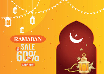Ramadan Sale banner with 60 percent discount. Include Islamic lanterns, moon, star, mosque, and a vibrant Islamic background for business promotion.