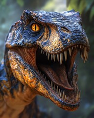 Obraz premium Realistic closeup of a dinosaur head with fierce teeth, digital art illustration highlighting the texture of the scales and intense expression