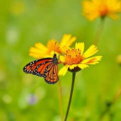 Obraz premium Graceful Monarch Butterfly Perched on Vibrant Yellow Flower with Bokeh Background