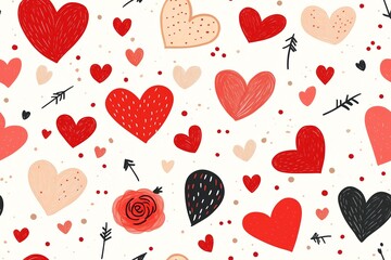 A playful seamless pattern featuring hand-drawn hearts in red, black, and beige, accented with arrows, dots, and decorative elements.