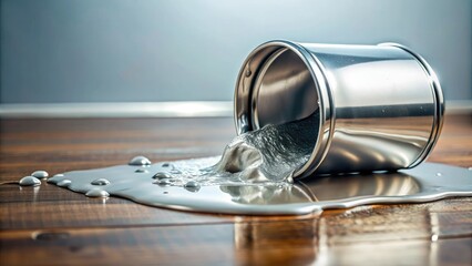 A close-up of silver slime oozing out of a broken container on a wet floor, cleanup crew, mess