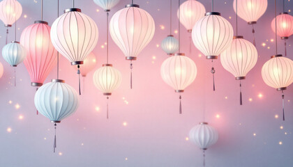 Softly glowing decorative lanterns hanging against a pastel background with bokeh lights