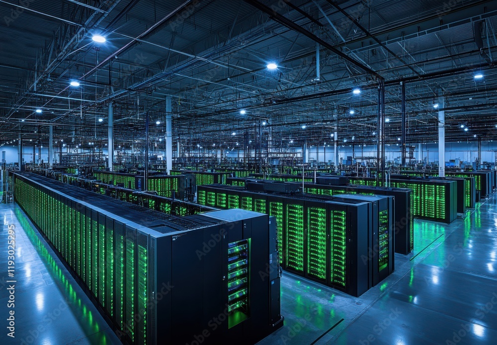 Poster High-Tech Data Center with Rows of Servers Illuminated in Green Lights, Showcasing the Heart of Modern Computing and Data Processing Infrastructure