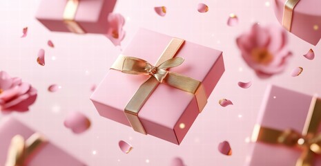Obraz premium Valentine's Day banner with pink gift boxes with a golden ribbon and flying flowers on a light background. Greeting card template for Happy Valentine's Day celebration.