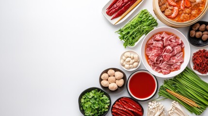 Table with bowls of food and traditional chinese hotpot setup with fresh ingredients and sauces