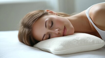 Fototapeta premium A woman resting her head on a pillow, drifting off into a peaceful sleep.