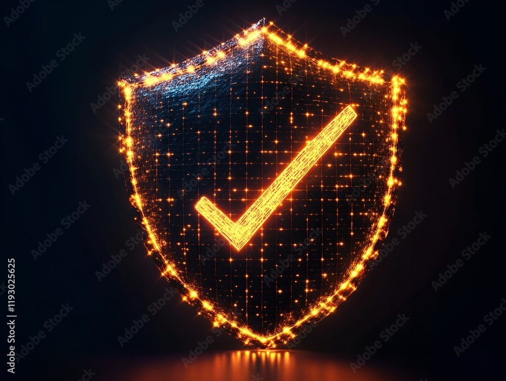Poster abstract shield icon with a checkmark, symbolizing resilience and success.