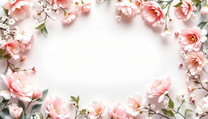 Obraz premium Floral composition with pink flowers and green leaves on a white background copy space 