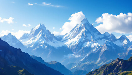 Obraz premium Majestic snow-capped mountains under a blue sky with fluffy clouds