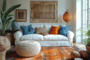 A stylish interior showcasing a nautical, vintage theme with knotted rope motifs, retro patterns,...