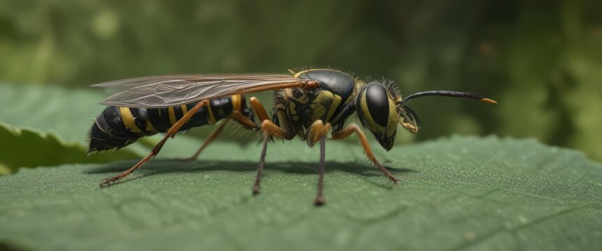 A solitary wasp with a long ovipositor sits on the leaf edge , insect, stinger