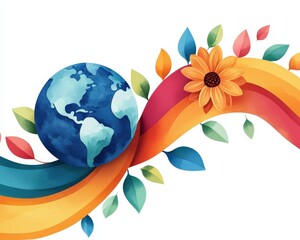 Obraz premium Rainbow ribbons encircling a flower and Earth, symbolizing unity