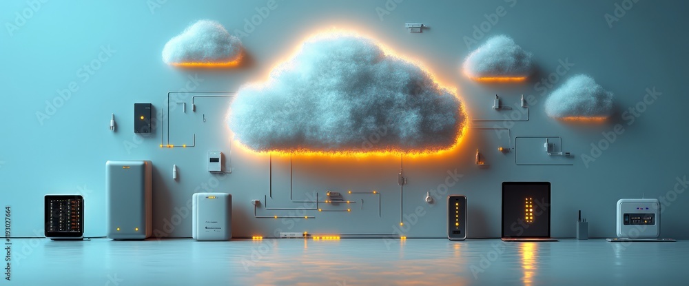 Poster illuminated cloud computing network concept with devices.