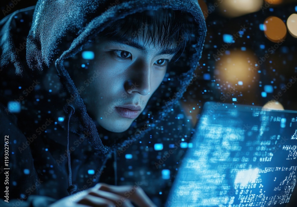 Poster intense young programmer working late at night surrounded by digital code and glowing data, with a f