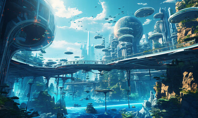 Underwater city of the future with transport channels and intersections. A futuristic idea of living in the future.