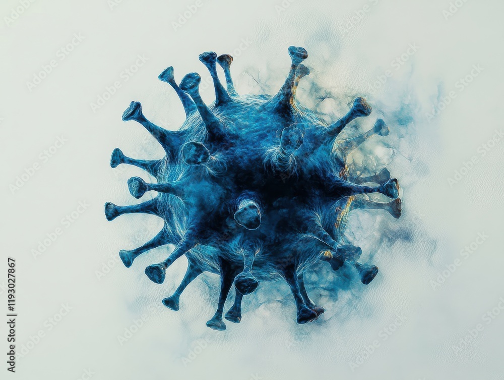 Poster intricate 3d rendering of a virus structure in vibrant blue and turquoise hues, representing microsc