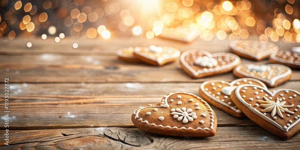 Poster Heart-shaped gingerbread cookies decorated with icing on rustic wooden surface with bokeh lights in the background