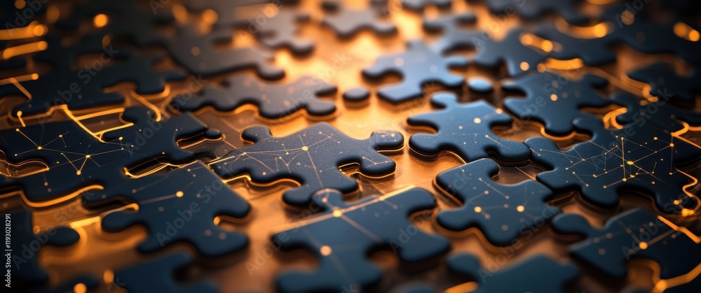 Poster intricate puzzle pieces with geometric patterns and soft lighting creating a mystical and engaging b