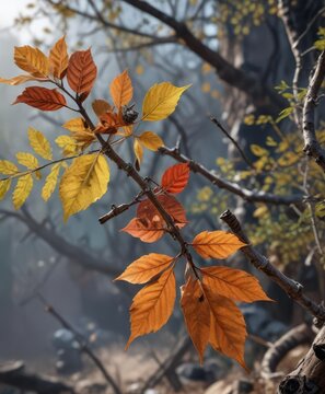A coloquintes on a branch with dead twigs and leaves, deadwood, coloquintes, perch