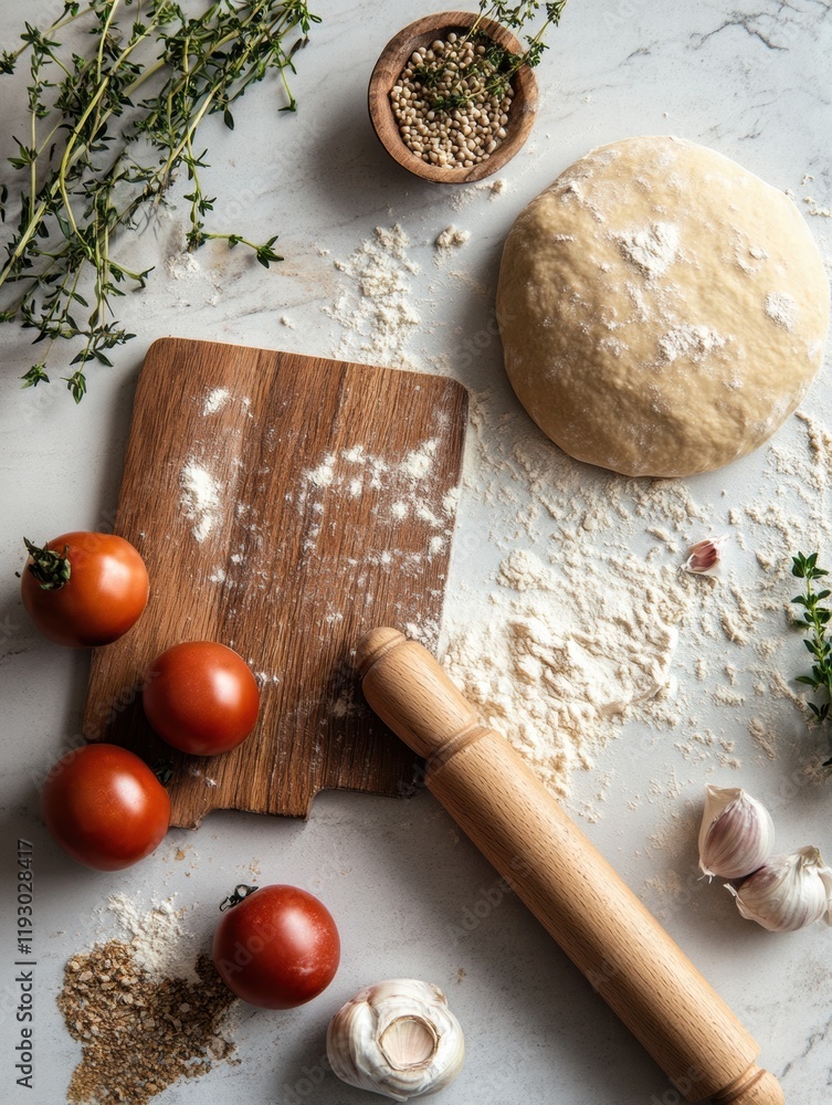 Poster fresh ingredients and rustic rolling pin on kitchen table ready for baking delicious homemade bread.