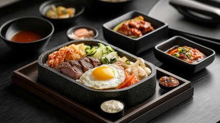 Classic bibimbap served in a hot stone bowl, layered with colorful vegetables, marinated beef and a fried egg, served with a spicy gochujang sauce on a wooden table