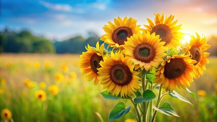 Fototapeta premium A colorful bouquet of sunflowers standing upright in a field, yellow flowers, floral arrangement, garden flowers, bright colors